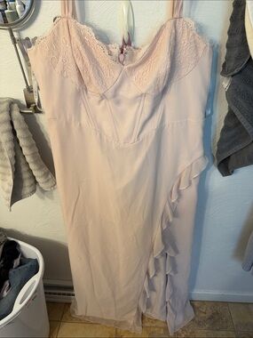 Azazie Blush Lace Bodice Ruffle Bridal Dress